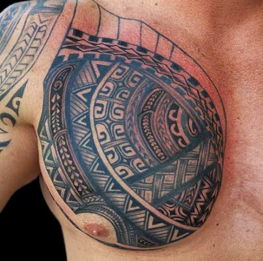 Hawaiian tribal tattoo designs on chest.