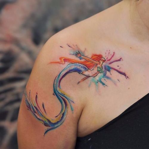 Impressive mermaid shoulder watercolor tattoo.