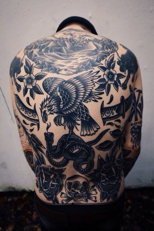 In order to cover up full back snake skull and flowers are enough with eagle tattoo.