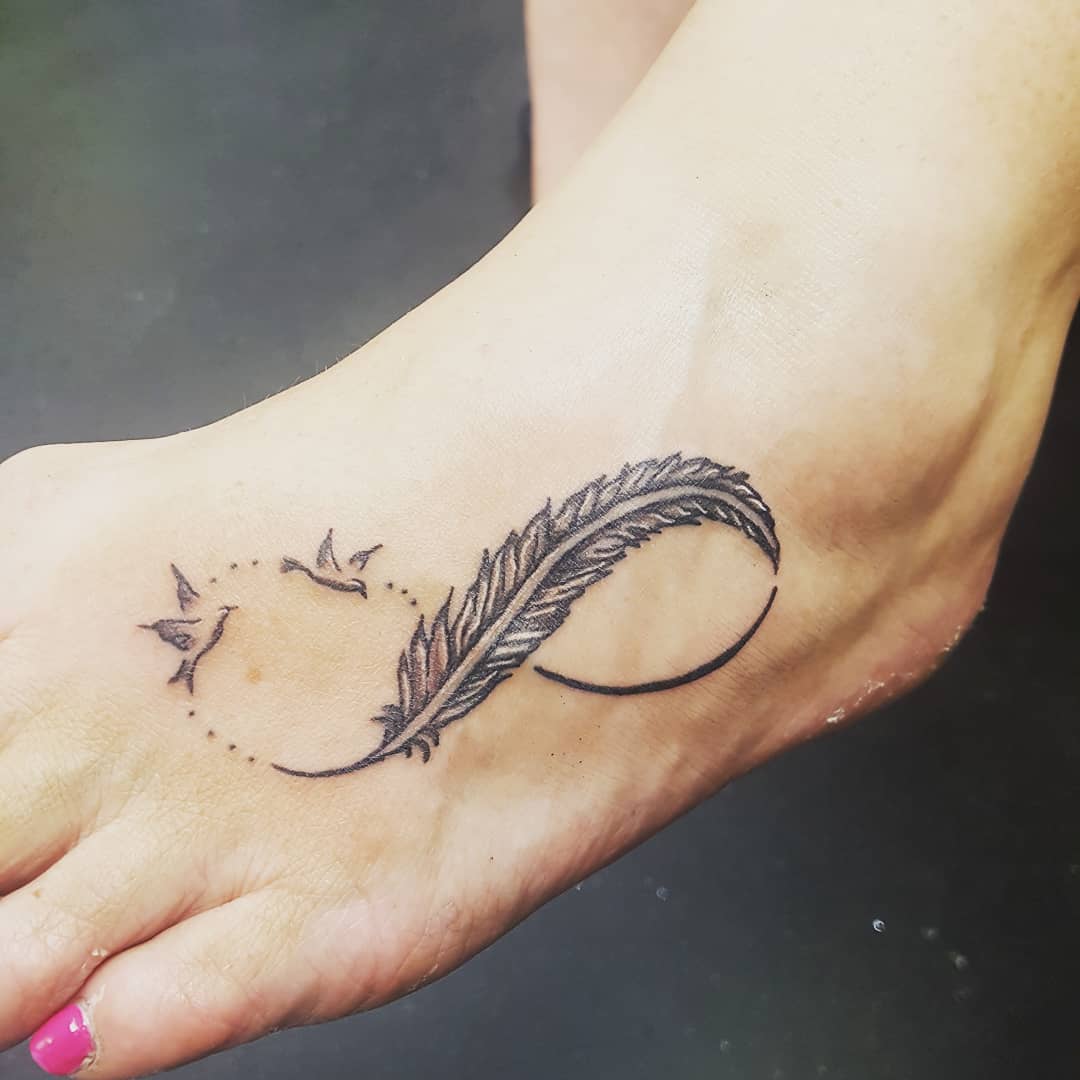 Infinity Feather Foot Tattoo.