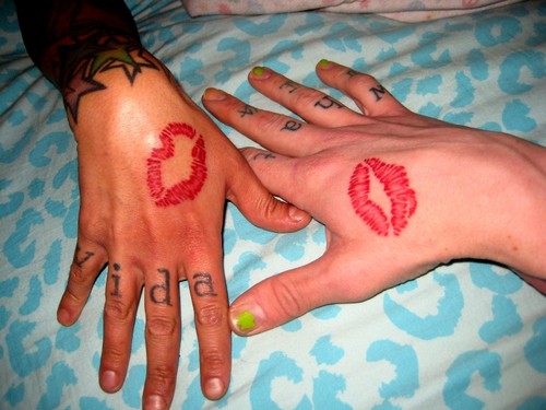 Kiss Lips Tattoos On Hands For Couple.