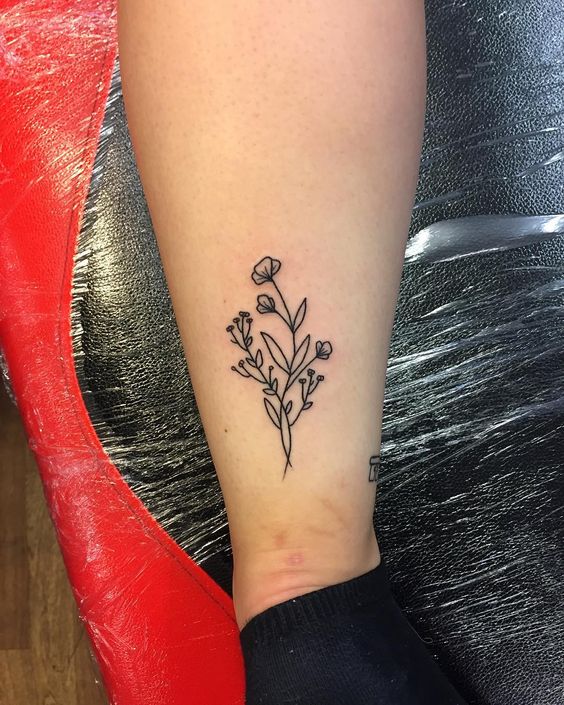 Little Flowers Calf Tattoo Idea For Girls.