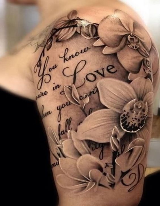 Love quote and flower half sleeve tattoo for girls.
