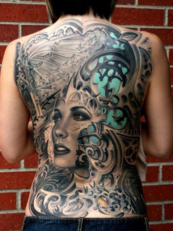 Mechanical tattoos can be emerged with a girls face tattoo to craft something creative.