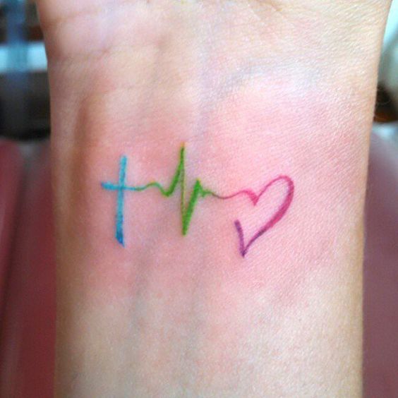 Multicolor Heartbeat Tattoo On Wrist.