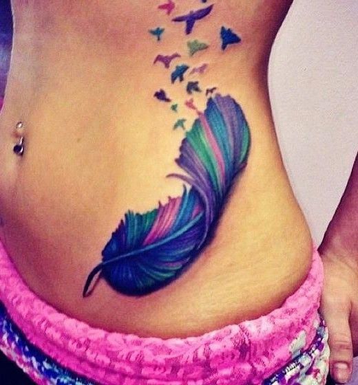 Multicolor feather tattoo for girls.