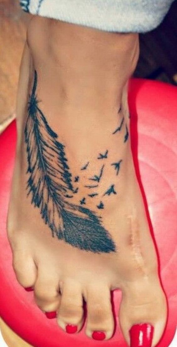 Perfect foot feather tattoo.