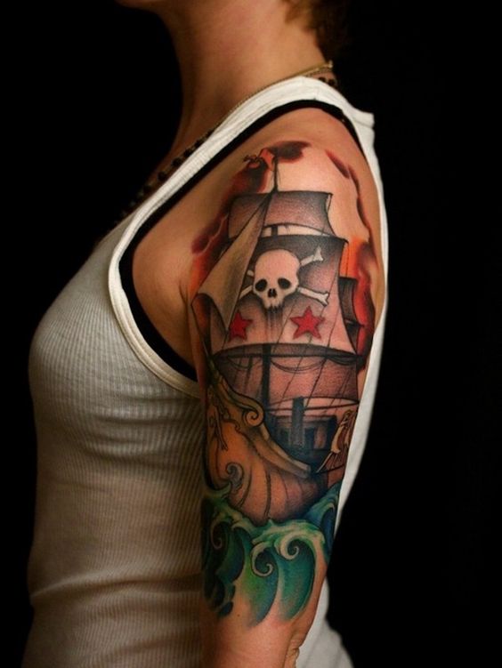 Pirates of the Caribbean sleeve tattoo for girls.