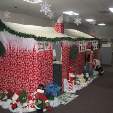 Red & white winter wonderland office cubicle.