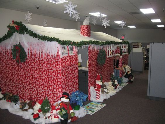 Red & white winter wonderland office cubicle. Office Christmas Decoration