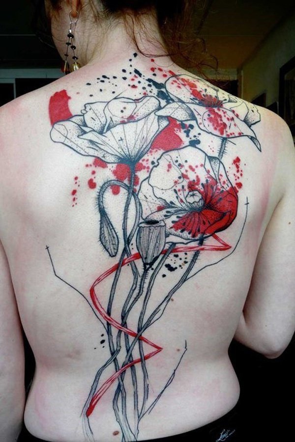 Reviving red colored represent energy and vibrant aura along with gray flowers tattoos.