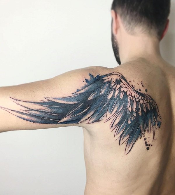 Shoulder Watercolor wing tattoo.