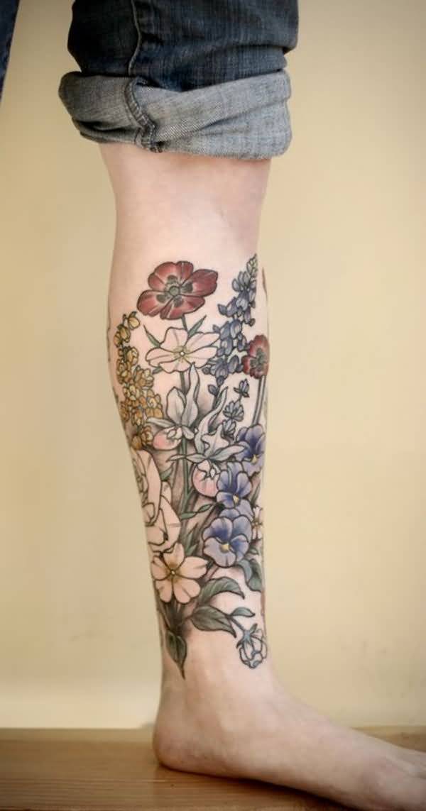 Simple Floral Calf Tattoo For Females.