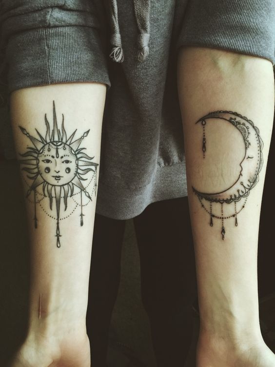 Sun And Moon Calf Tattoo Idea For Girls.