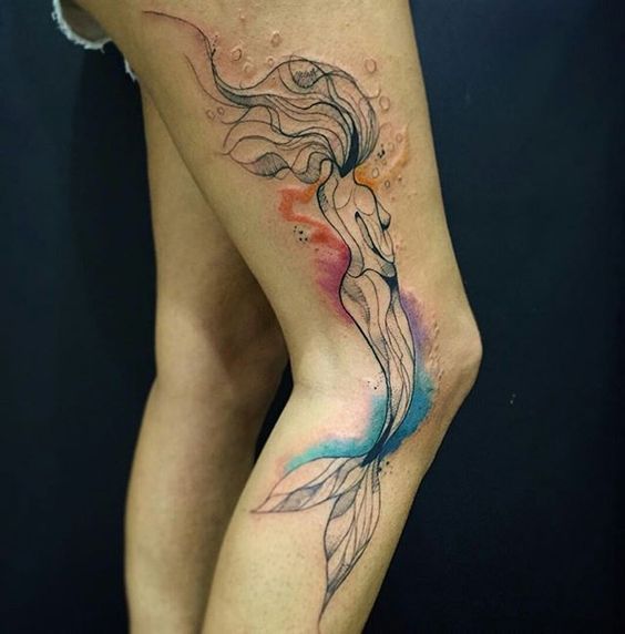 Unique mermaid tattoo design for girls on legs.