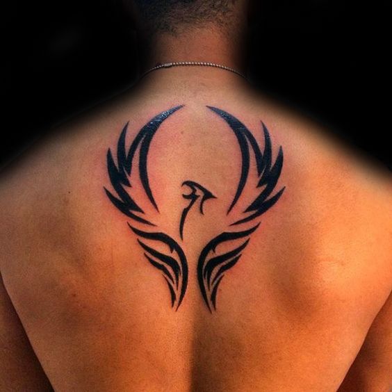 Upper Back Phoenix Wings Tattoo.