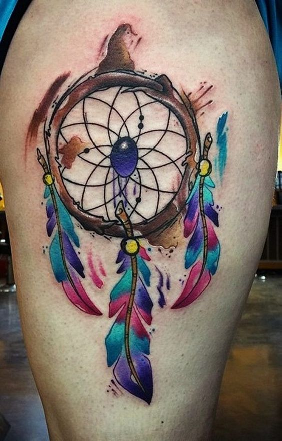 Vibrant color attractive dreamcatcher tattoo.