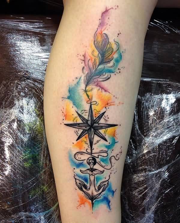 Watercolor Compass Calf Tattoo.
