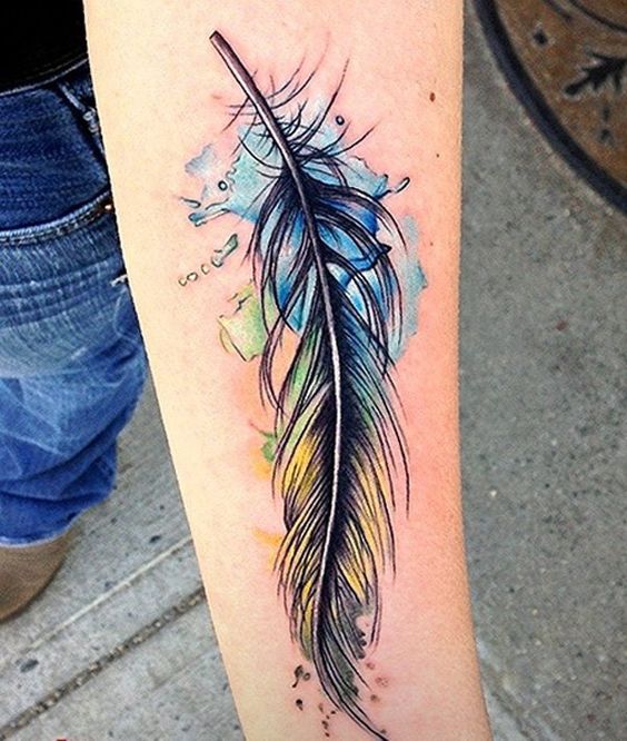 Watercolor feather tattoo.