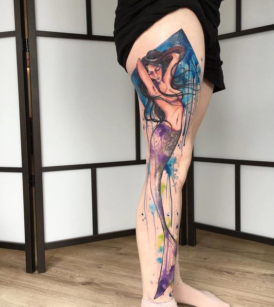 Watercolor mermaid on leg.