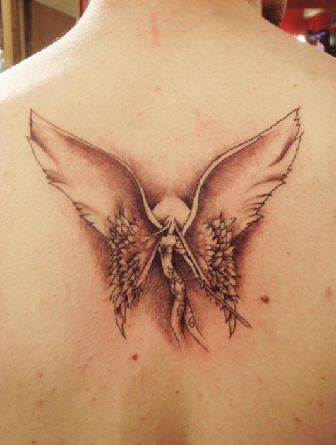 Woman Angel Tattoo on Back of neck.