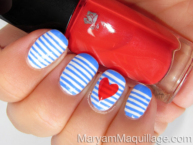 Blue and white stripes nails with heart. Valentine’s Day Nail Art