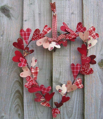 Fabric heart shape Valentines day wreath.