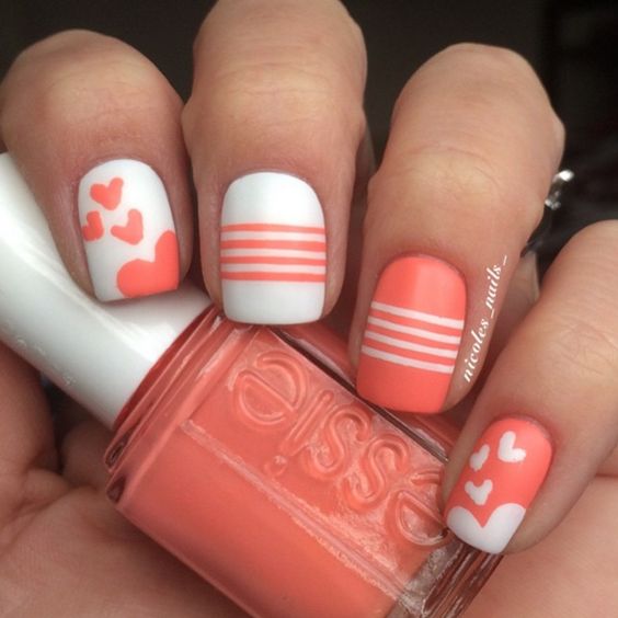 Quick and easy peach and white nails.