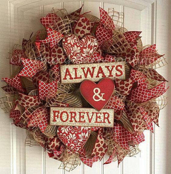 Sassy burlap wreath with wooden cutout hearts.