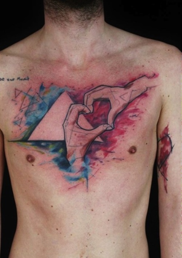 That is what artists know for A triangle and two hands creating heart shape with red and blue background depicting a pretty view.