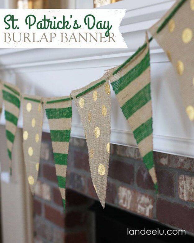 Burlap banner with green stripes and golden polka dots.