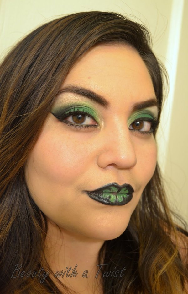 Fabulous green eyes with clover lips.