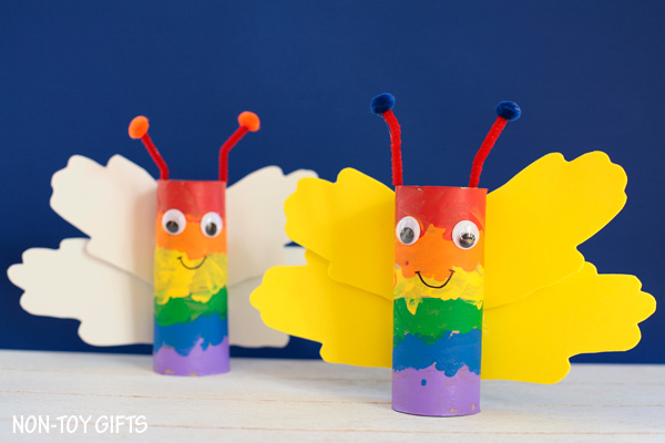 Pretty paper roll rainbow butterfly craft for kids.