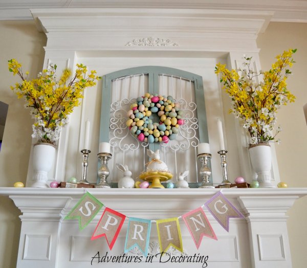 Beautiful egg wreath, spring banner and flower decoration for mantel.