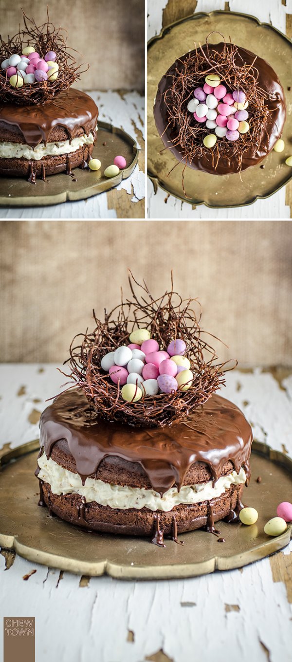 Chocolate nest cake with eggs.