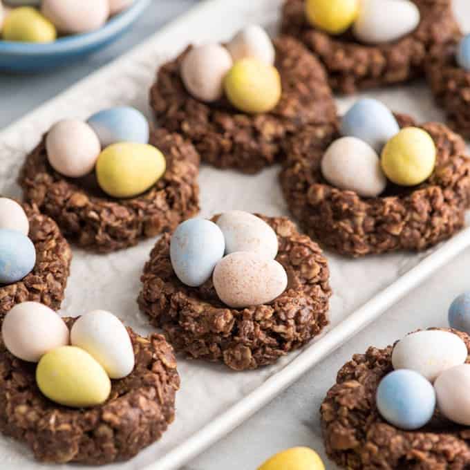 Chocolate peanut butter nest cookies for easter party.