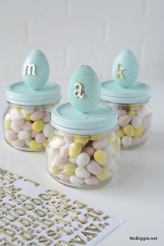 DIY speckled egg candy jars for Easter.