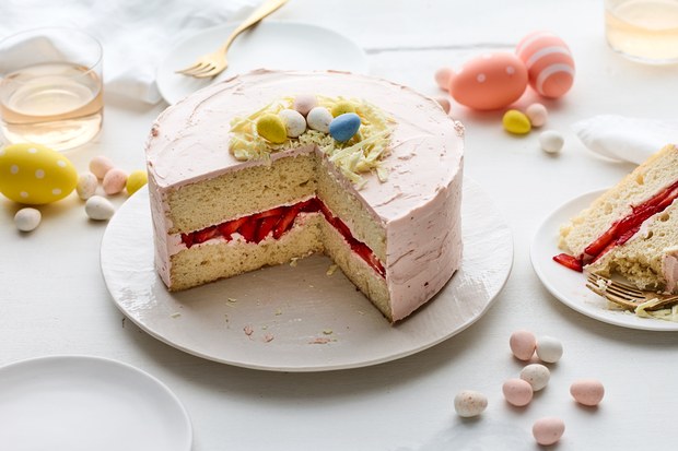 Egg Cake with Strawberry Frosting.