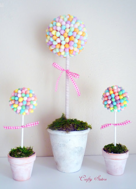 Jelly bean topiary in pretty pastels as Easter trees.