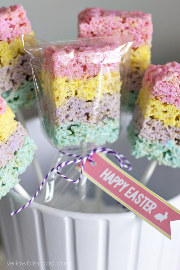 Layered peeps treats by melting different colors of peeps into your rice krispies.