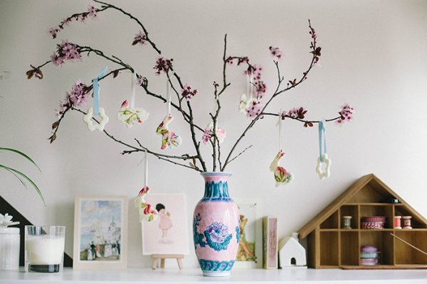 Lovely cherry blossom Easter tree with salt dough ornaments.