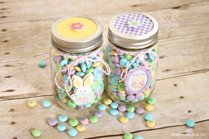 M & M candy treats in jar.