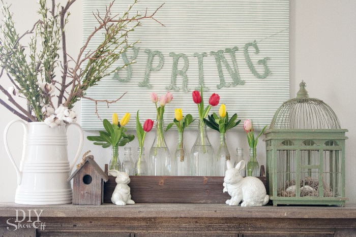 Nice glitter spring garland with tulips for mantel.