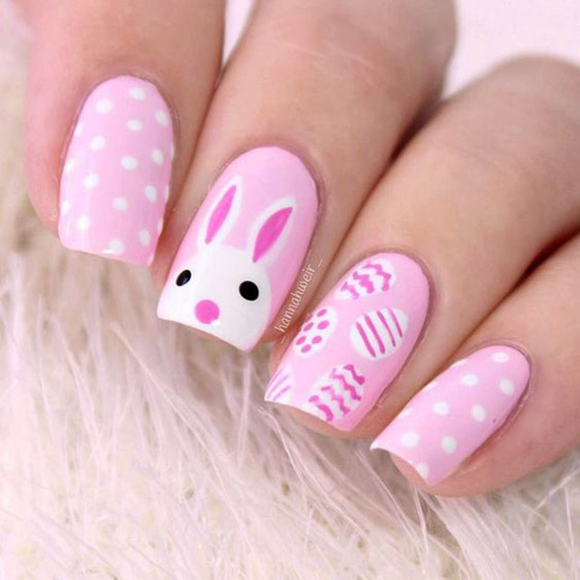 Pink bunny nails with polka dots.