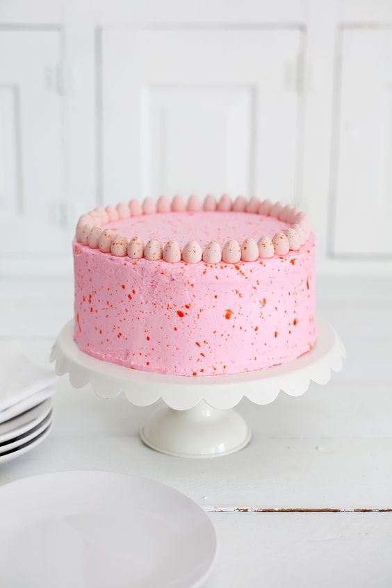 Pink speckled Easter egg cake.