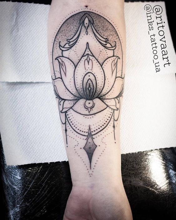 Amazing dotwork lotus tattoo for forearm.