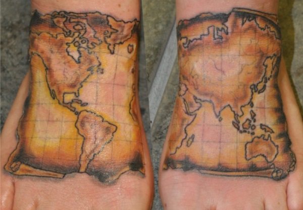 Antique map foot tattoo on foots.