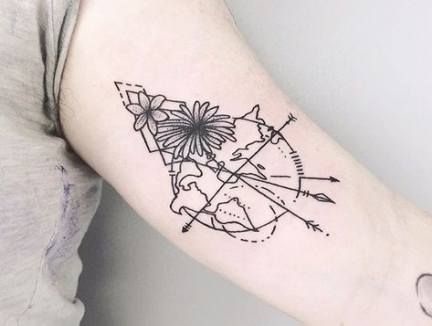 Attractive geometric world map tattoo decorated with flowers.
