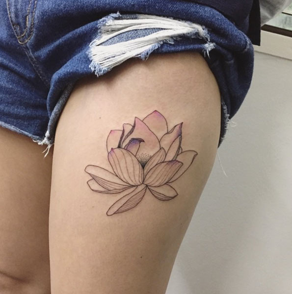 Awesome fineline thigh lotus tat in pink.