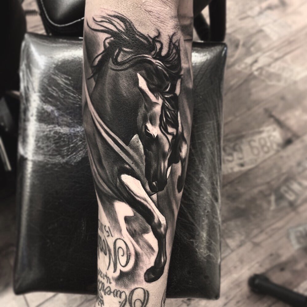 Black and grey incredible horse tattoo design.